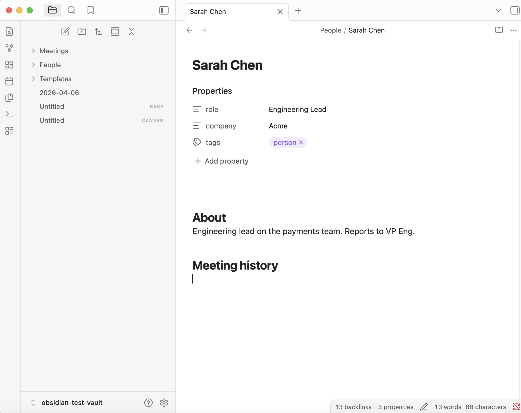 Person note in Obsidian with role, company, and tags properties
